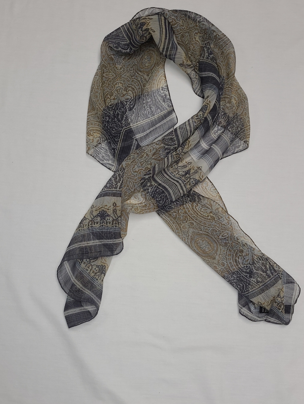 Jones New York Italian ornate designed Sheer Scarf blue & brown 13 1/2 x58 1/2